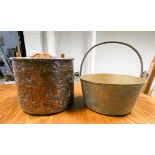Small brass preserve pan and a copper embossed jardiniere