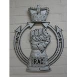 A metal silver coloured ornate wall hanging RAC plaque