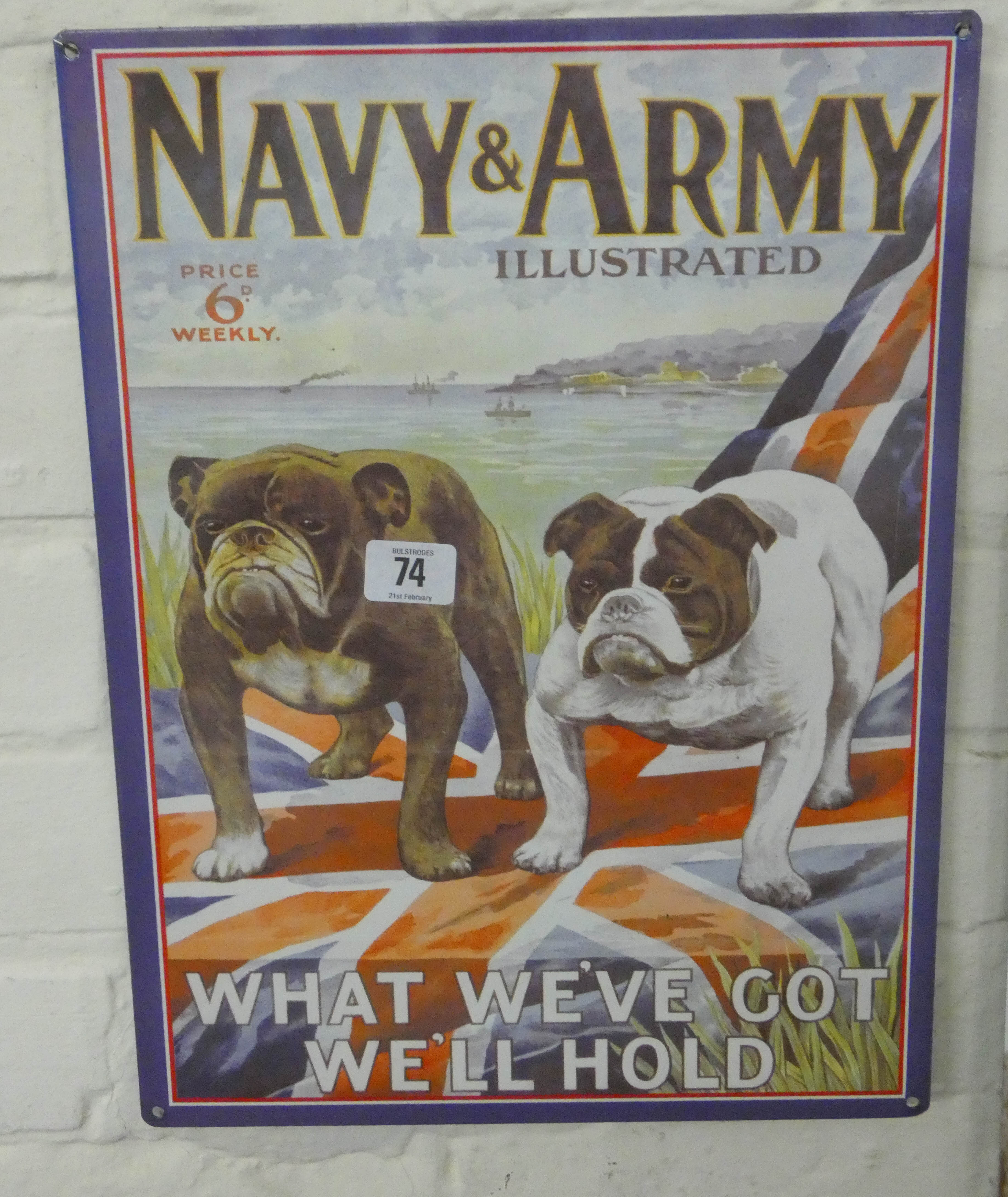 A small wall hanging painted metal sign 'Army and Navy Illustrated'