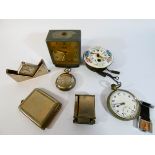 An Eclipse folding Art Deco pocket watch along with fob watches, pocket watches, lighters,