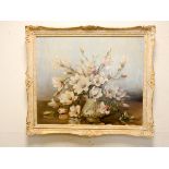 Framed still life painting of a vase of flowers signed Marianne Groom approximately 25" X 30"