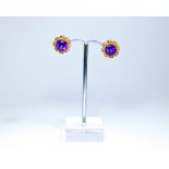 Pair of amethyst ear studs, large circular amethysts in 9ct yellow gold cannetile style settings.