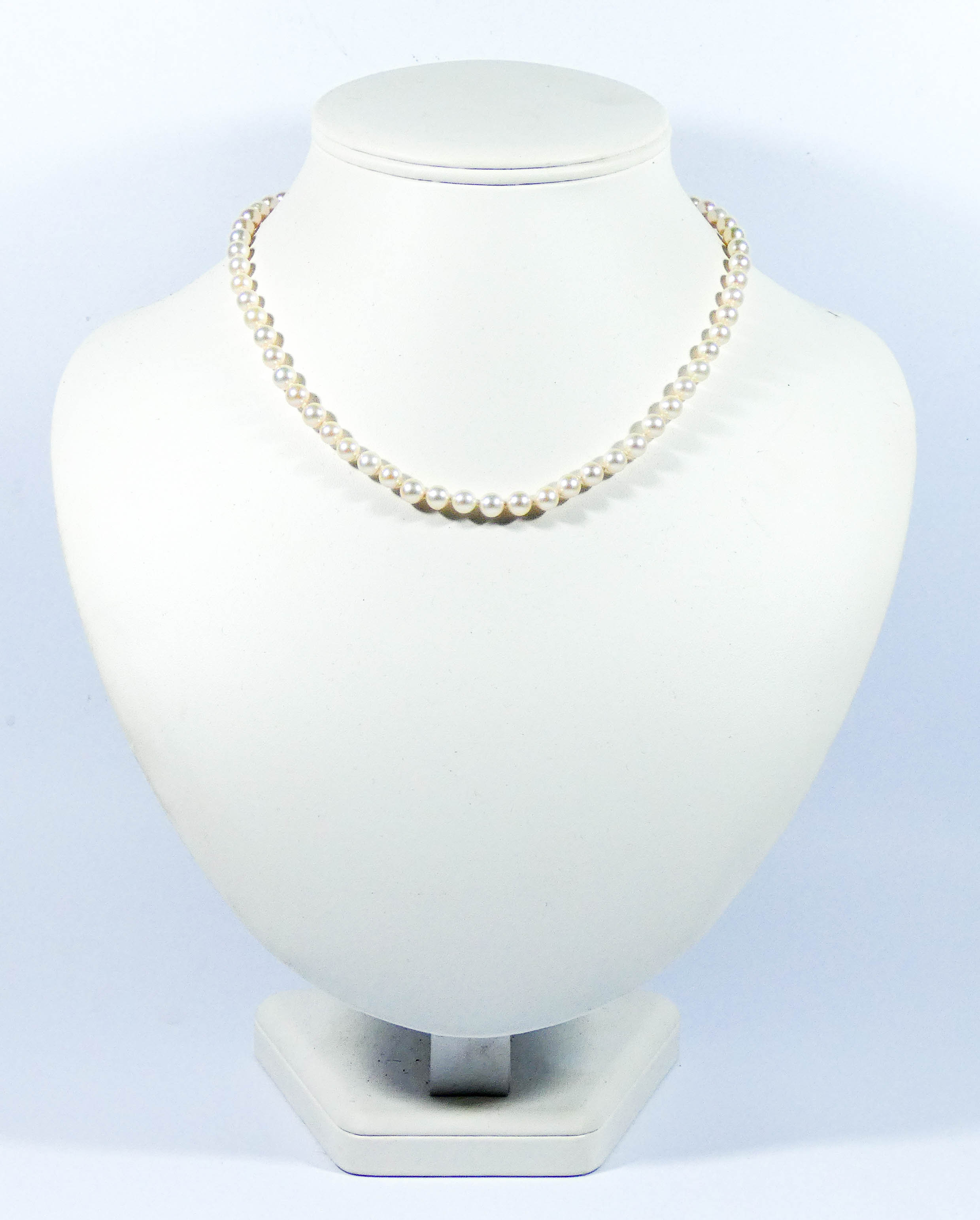 Row of uniform cultured pearls, with 18ct yellow gold bead clasp, 42 cms long. - Image 2 of 2