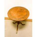 A circular mahogany brass inlaid occasional table on pillar and tripod base,