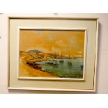 An oil painting of a continental harbour scene with sailing boats etc, signed Terence McCaw,