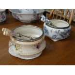 Two 1920's salad bowls with plated rims together with matching servers