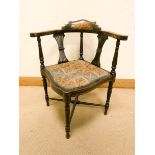 Edwardian inlaid mahogany corner elbow chair with tapestry seat (as found)