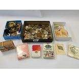 Large collection of foreign coins, military jewellery badges, cigarette cards,