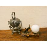 A small French swallow decorated table lamp on marble base and a pewter kettle on stand