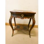 A French inlaid walnut and rosewood lined two tier inlaid work table with gilt decoration 22" wide