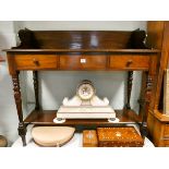 Victorian mahogany tray topped side table fitted three drawers with under tier standing on turned