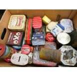 Two large boxes of old tin including biscuit tins,