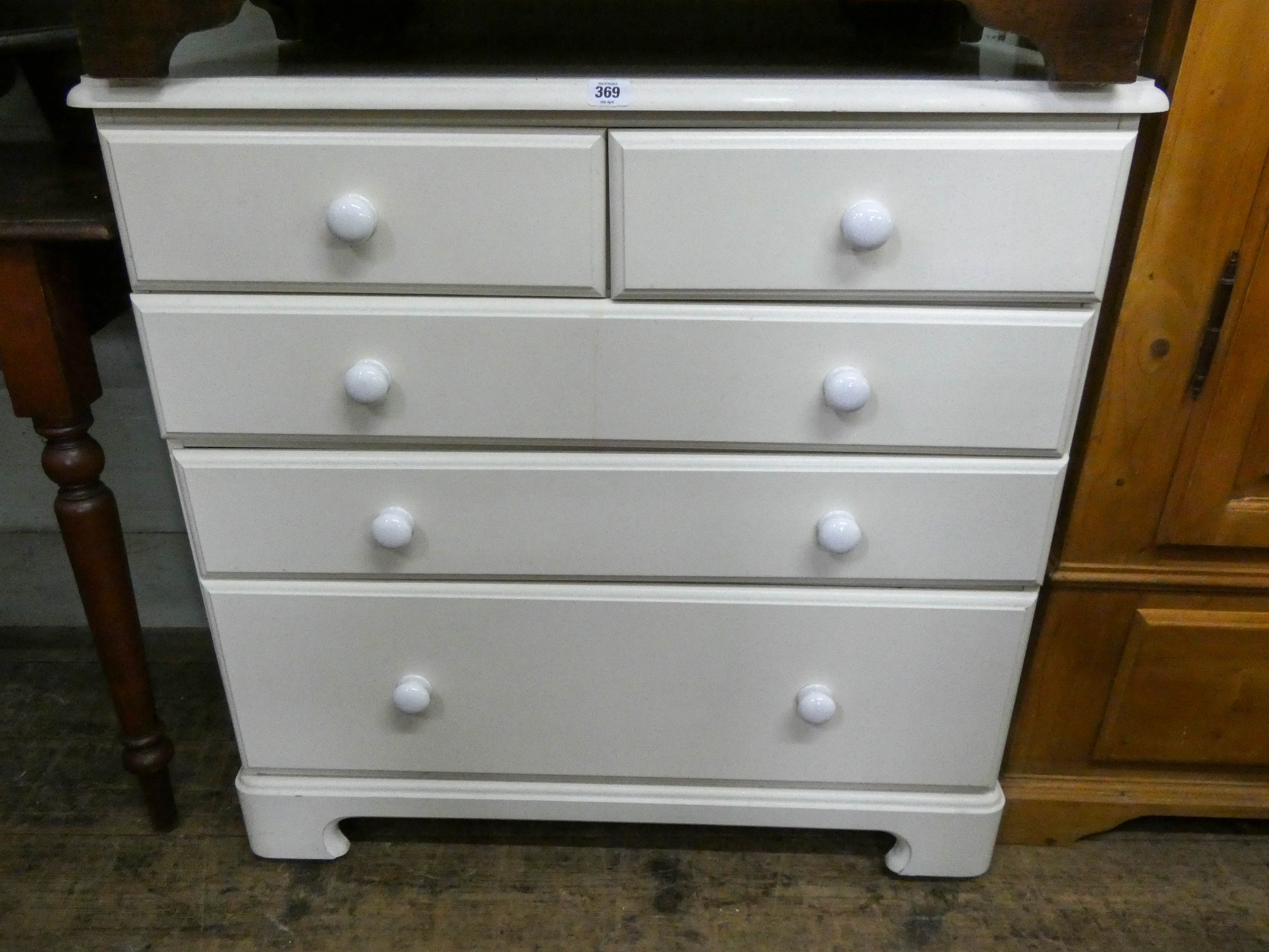 A modern white chest of three long and two short drawers,