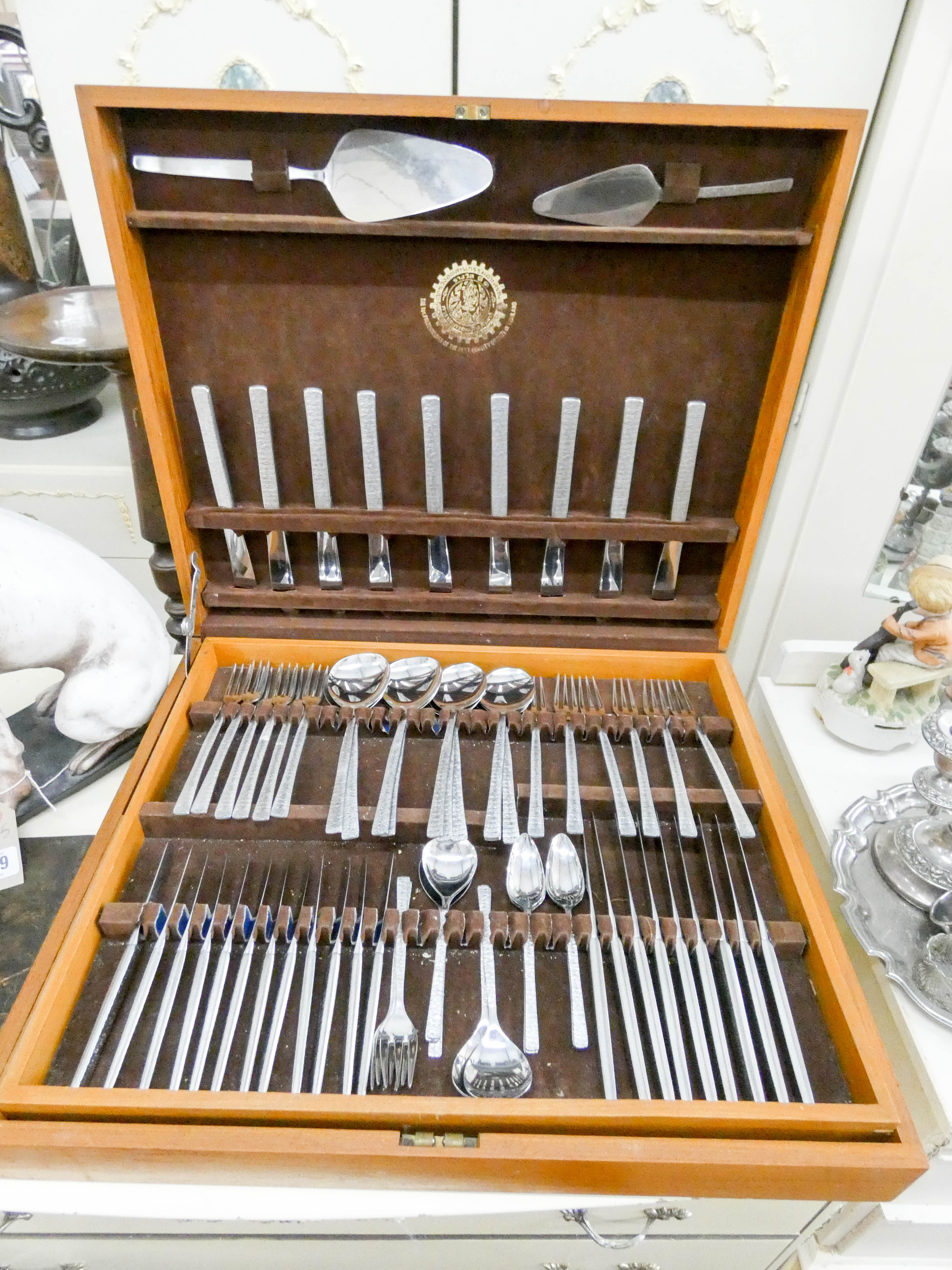 A canteen of Viners cutlery in oak case together with a plated tray, candelabra,
