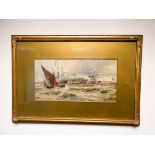 A water colour of sailing boats etc, signed after T B Hardy 1892, leaving Dover,