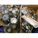 Three large boxes of silver plate, pewter, ornaments,