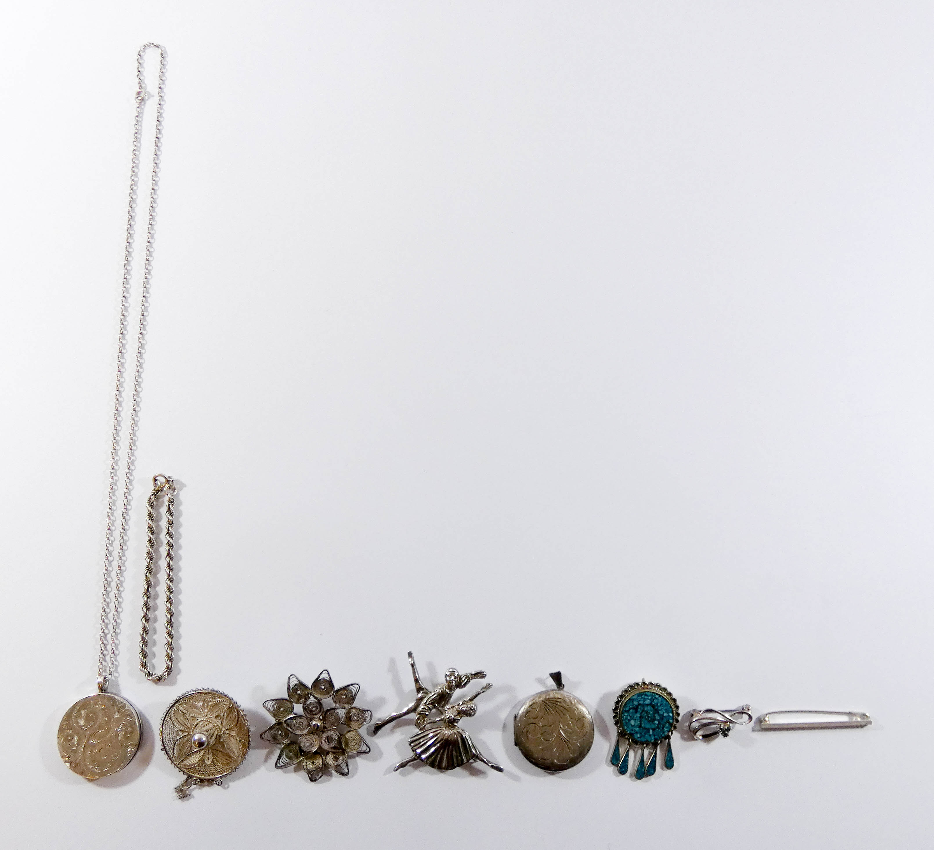 Hallmarked silver ballet dancer brooch, large circular silver locket on chain, - Image 2 of 5