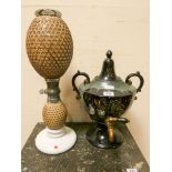 Decorative china Samovar with brass tap and a glass and cane panelled Samovar