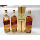 Four bottles of Bell's, Johnny Walker Old Scotch Whisky,