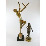 An Art Deco spelter dancing lady mirror stand, standing 50cm tall to her fingertips,