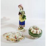 A 19th Century Samson figurine and two Dresden trinket boxes and covers,