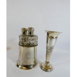 A dressing table silver scent bottle holder with three glass bottles,