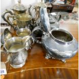 Four piece plated tea and coffee set, two teapots, tankards,