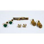 Three pairs of earrings to include green chalcedony screw fitting vintage earrings,