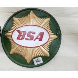 A green BSA cast iron wall hanging sign