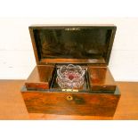 Early Victorian rosewood three division tea caddy with interior boxes and mixing bowl