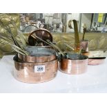 Various sets of assorted small brass and copper saucepans, frying pans,