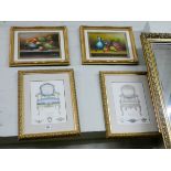 A pair of still paintings of fruit and pair of prints of French elbow chairs together with four