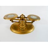 A pair of Victorian gilt brass letter scales, the platforms inset with classical jasper plaques,