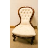 Victorian mahogany framed spoon back occasional chair with cream patterned buttoned upholstered