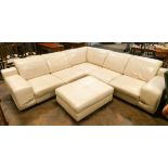Cream leather 5 seater corner settee unit with matching poufee