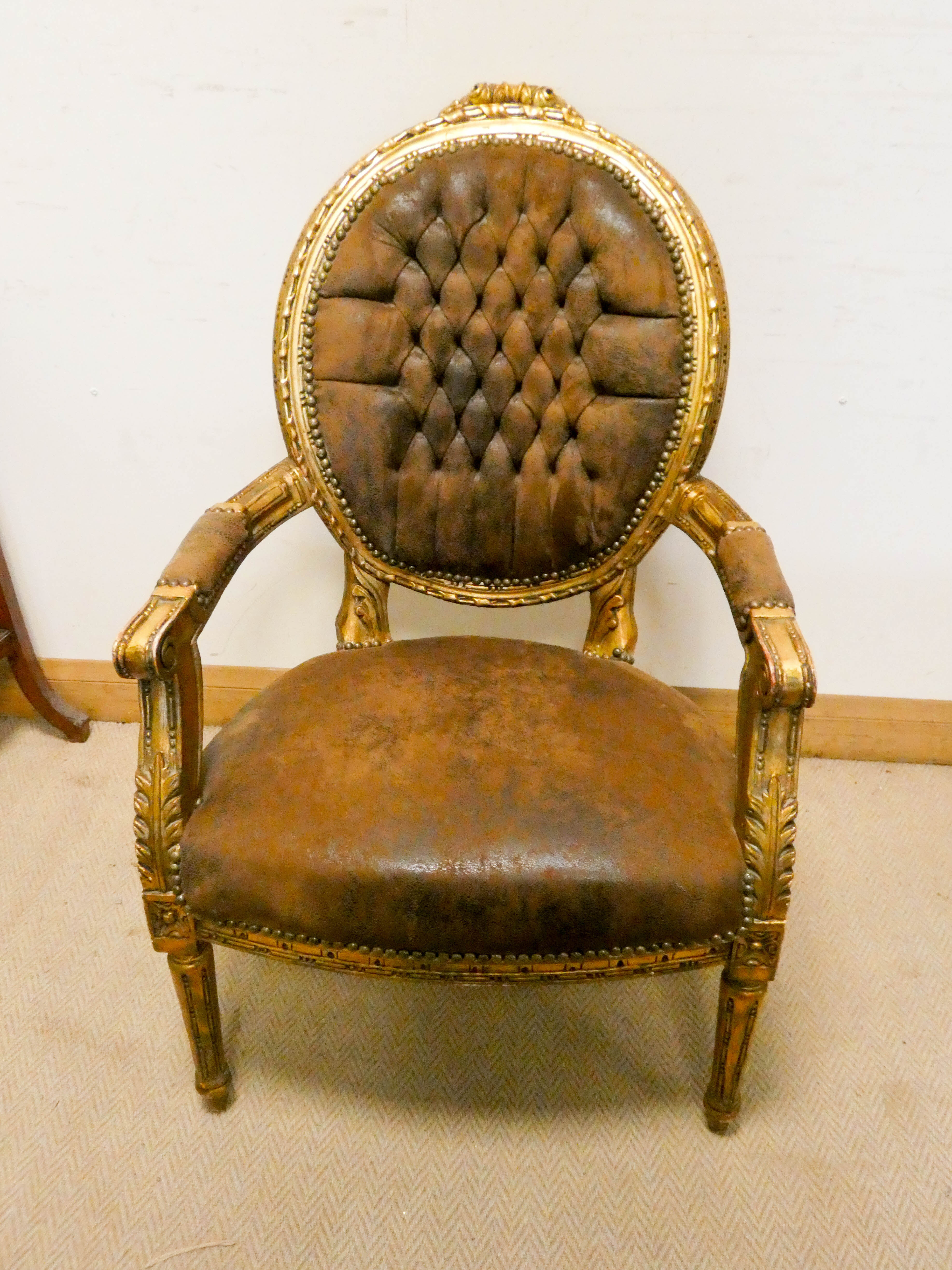 A French gilt framed elbow chair with brown leather upholstered seat and buttoned leather back - Image 2 of 2