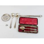 A three piece silver boxed christening set together with small pin tray, silver, knife,