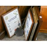 Second World War shovel, commemorative prints,