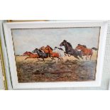 An oil painting in a white painted frame of galloping horses, signed Majewicz,