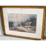 A late Victorian watercolour of a Dutch snow scene with river, windmill and cottage, signed,