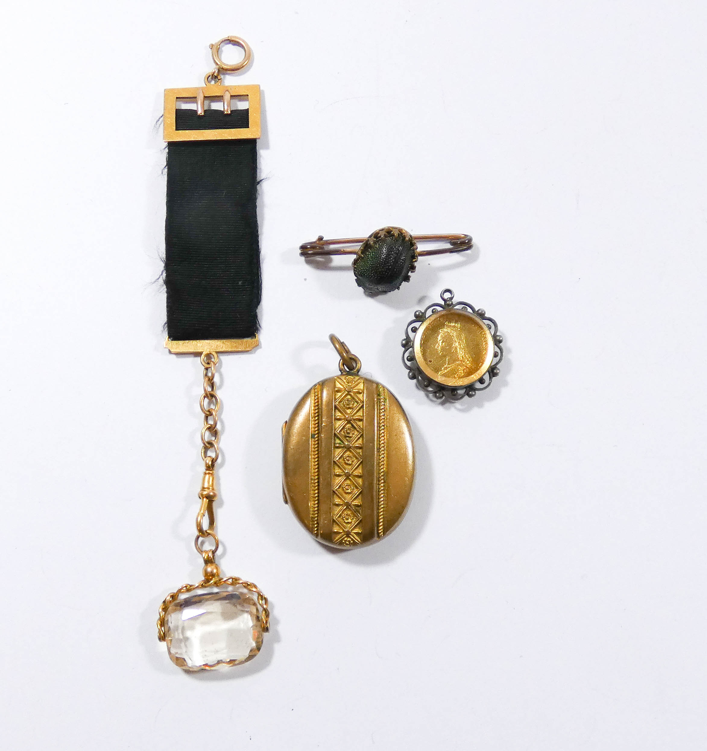 Victorian 9ct fob with faceted citrine, Victorian scarab brooch, - Image 2 of 4