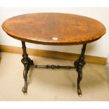 Oval inlaid Victorian bur walnut centre table on stretcher style base 3' wide