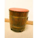 An oak brass bound barrel log tub with lift off red vinyl seat