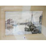 A watercolour of a sailing boat in harbour signed Vincent Lines,