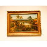 G Willis, an oil painting of a country scene with lake in gilt frame, 7.5" X 11.