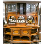 Edwardian walnut Arts & Crafts sideboard cabinet with glazed lead light and mirrored back panel