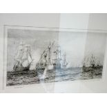 A black and white engraving of war ships signed H.