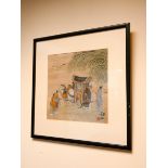 A Japanese watercolour of figures by a horse and cart and another of flowers