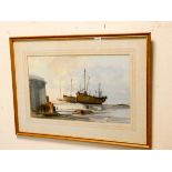 A watercolour of fishing boats, entitled 'High and Dry', Dungeness Kent, signed Dennis John Hanson,