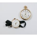 18ct yellow gold cased pocket watch and an art nouveau wristwatch on black fabric strap